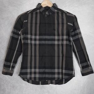 Burberry Kids Plaid Button Down Shirt in Black and Gray